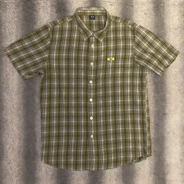 😎 Oakley Button Down Short Sleeve Plaid Tee Shirt Mens Large Green White