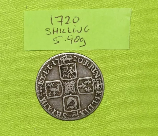 1720 Silver One SHILLING Coin King George I (1714-27) 5.90g ESC1167