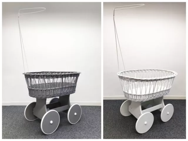 Grey/white Wicker Wheels Crib Baby Moses Basket With Canopy Holder