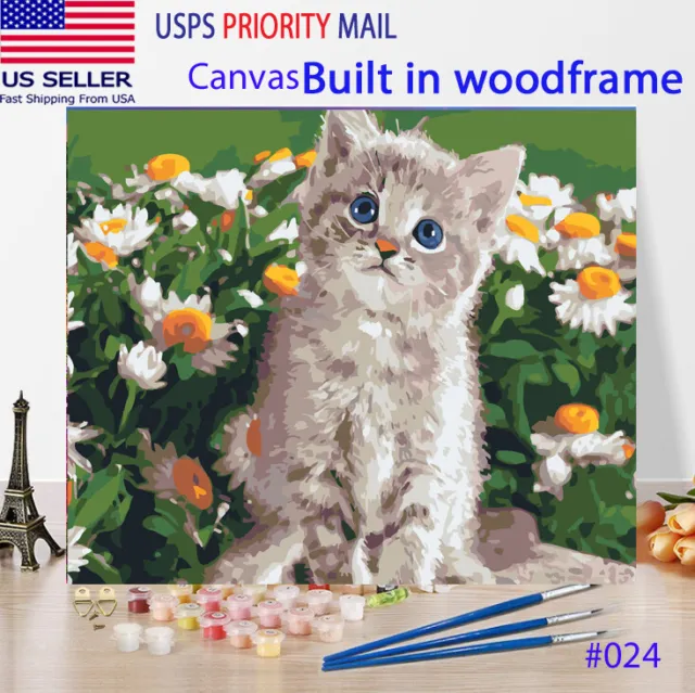 Wooden Framed  DIY Oil Painting Paint by Numbers Kit for Adults kids kitten cat