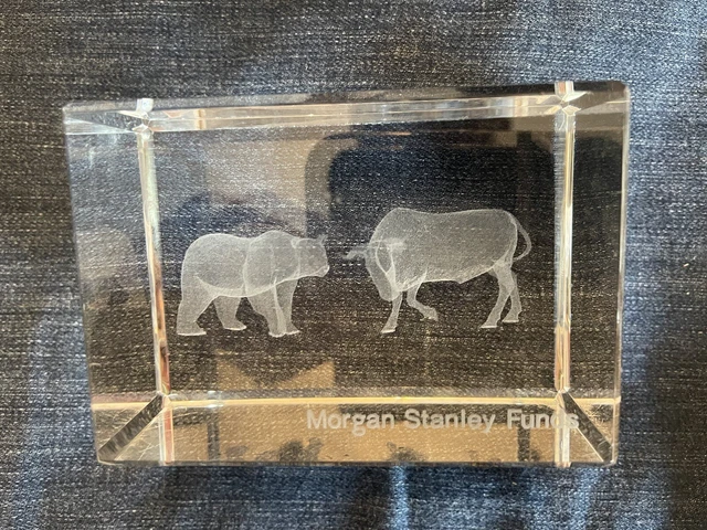 Morgan Stanley Glass/Crystal Paperweight, Stock Market Bull & Bear, Laser Etch