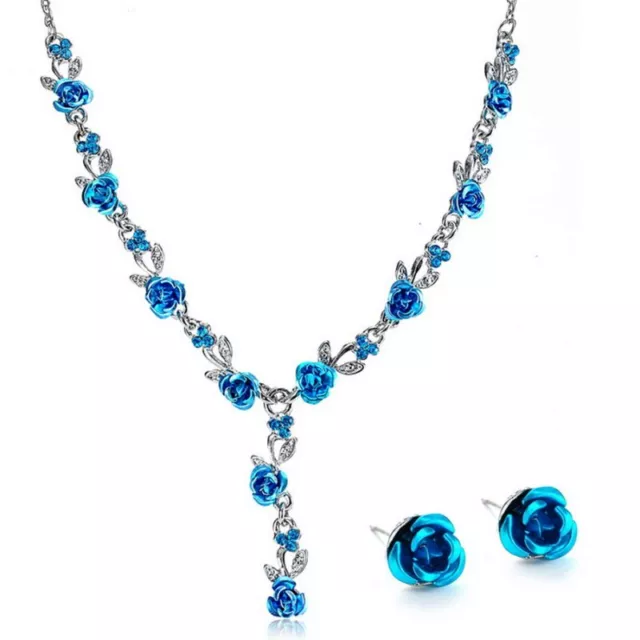 Fashion Acrylic Rose Flower Crystal Bridal Wedding Necklace Earrings Jewelry Set