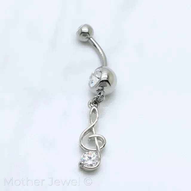 Simulated Diamond Treble Clef Music Note Silver Surgical Steel Belly Navel Ring 2