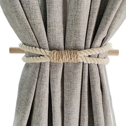 Curtain Holdbacks Boho Tiebacks for Drapes, Farmhouse Jute 4 White Cotton Rope