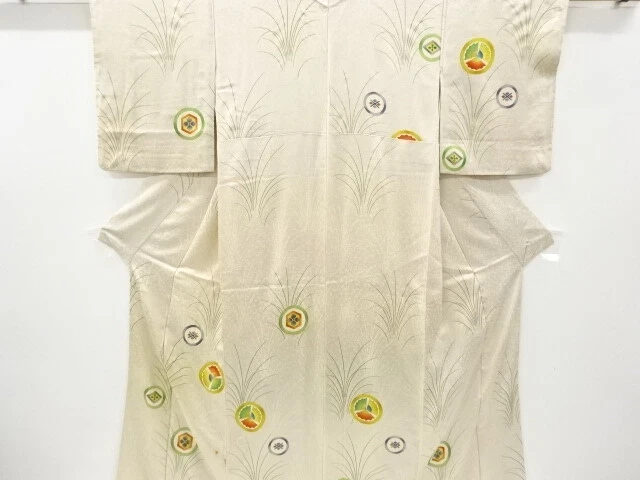 38719# Japanese Kimono / Antique Kimono / Roundel With Triple Fans & Flower