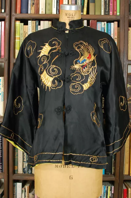 Vintage 30s Silk Satin Gold Bullion Chinese Souvenir Dragon Robe Jacket M