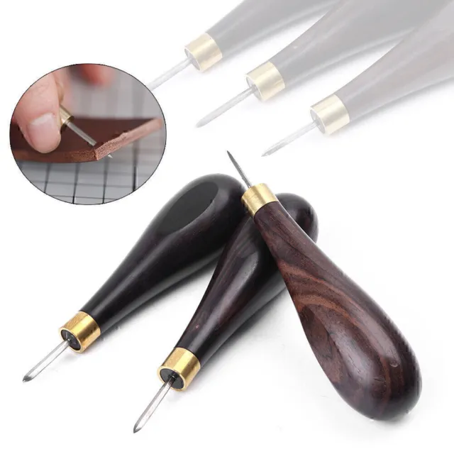 1pc Leather Craft High Quality French Steel Blade Hardwood Handle Round Awl  Tool