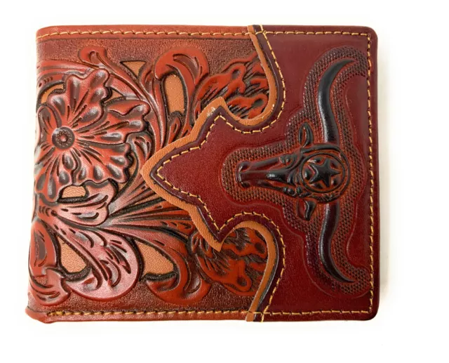 Western Men's Leather Longhorn Floral Tooled Laser Cut Lone Star Short Wallet