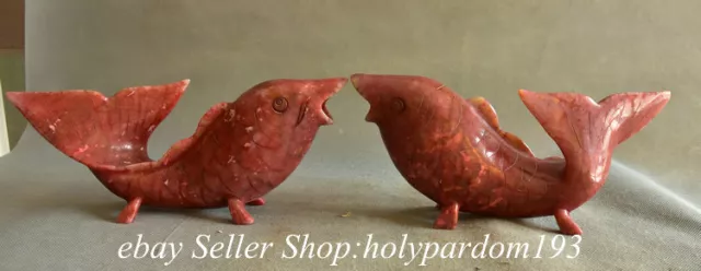 11.2" Old Chinese Red Xiu Jade Carved Fengshui Year Fish Statue Sculpture Pair