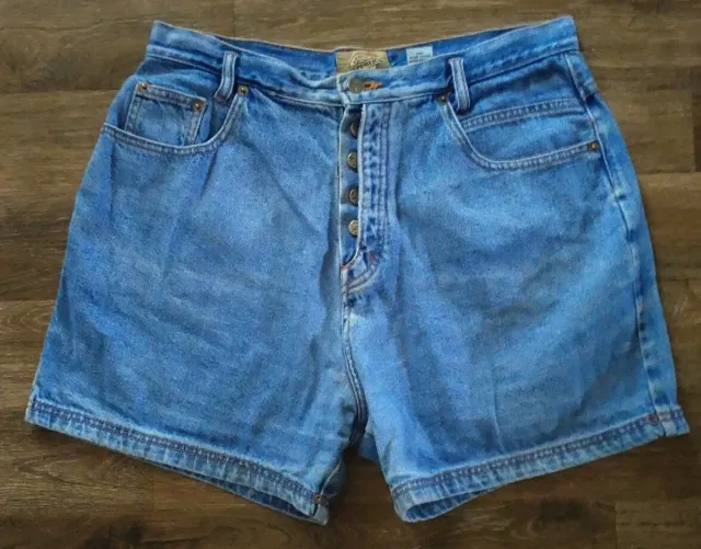Vintage High Waisted Jean Shorts Exposed Button Fly Light Wash Rise 13/14