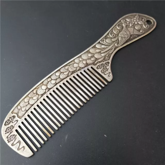 Exquisite Old Chinese tibet silver handcarved phoenix comb statue 68101