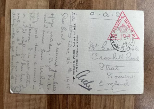 WW1 Postcard. OAS. Passed By Censor. France. Sent To Street, Somerset 1915.