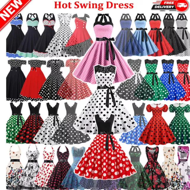 Hot Retro Women Polka Dot 60s Rockabilly Cocktail Party Swing Housewife Dress UK