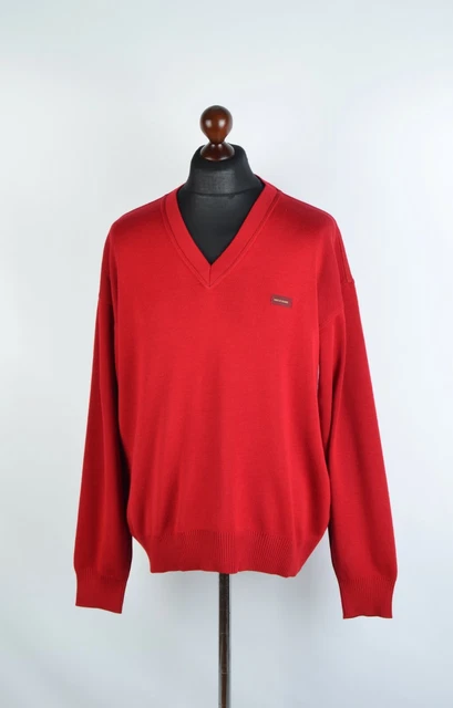 Men's Vintage Paul & Shark V Neck Jumper Red Wool/Acryl Size XL P-P 26" VGC