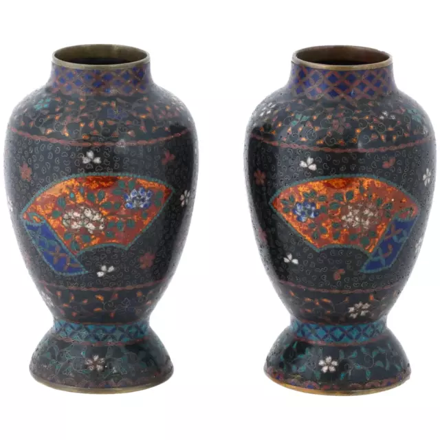 Antique Pair of Early Meiji Japanese Cloisonne Enamel Floral Vases