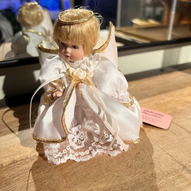 Vintage Porcelain Angel Doll Ornament Fairy Real Feather Show Stoppers 6" inch