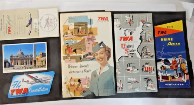 1950 TWA Airlines Welcome Aboard Folder, Seat Back, Air Atlas, Postcard, Decal