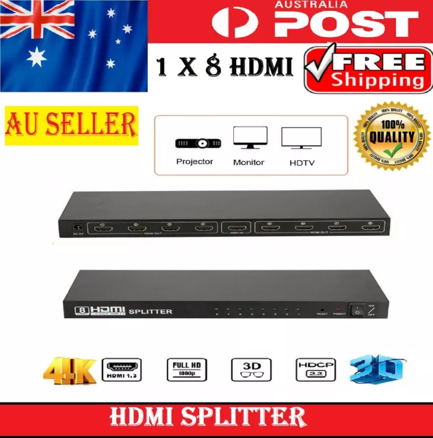 8 Port 1 In 8 Out HDMI Splitter Amplifier Audio Video 1080P For HD HDTV 3D DVD