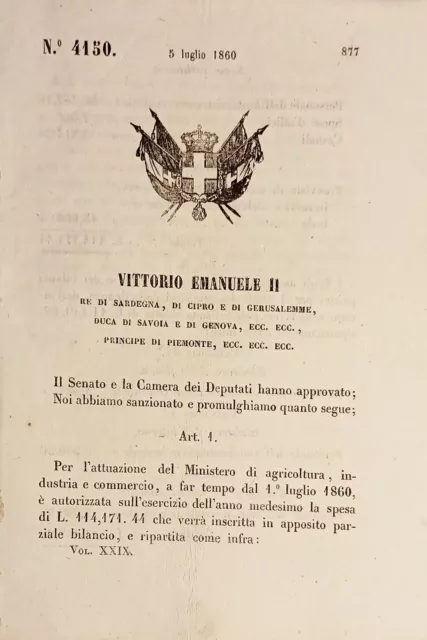 Decreto Regno Sardegna - Autorizzata spesa attuazione Ministero Agricoltura 1860