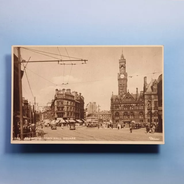 Bradford Postcard C1945 Town Hall Square Old Cars & Buses Yorkshire