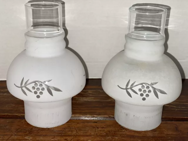 Pair Of Frosted Glass Oil Electric Lamp Fitter Shades With Flower Etchings