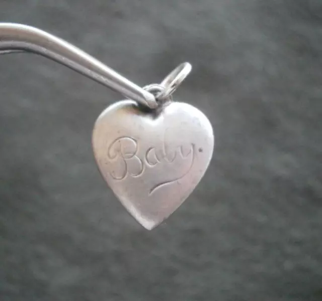 Small Heart Engraved Baby 1940s Vtg Puffy Sterling Silver Bracelet Charm Pendant