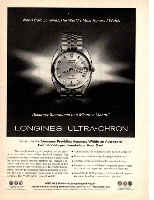 1968 Longines-Wittnauer Jewler Ultra-Chron Automatic Self-Winding Watch Print Ad