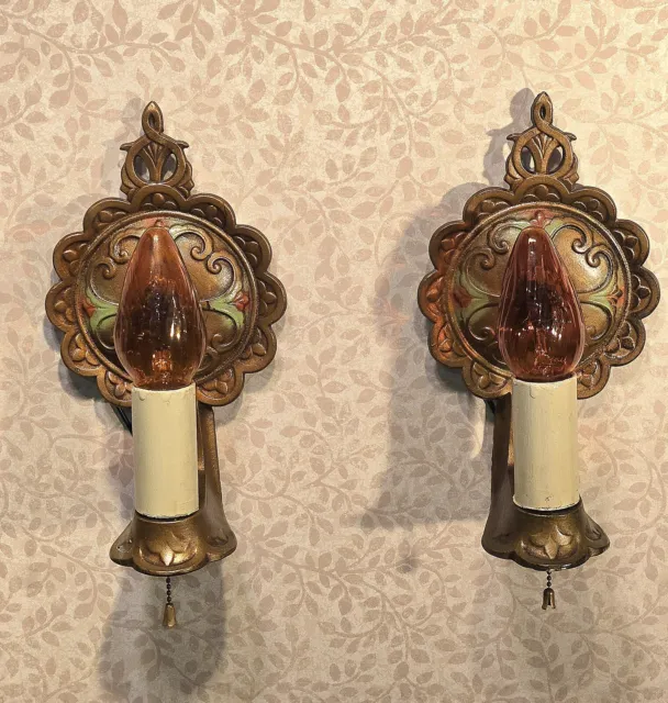 Pair 1920's Antique Cast Iron Lighted Candle Wall Sconces  Rewired