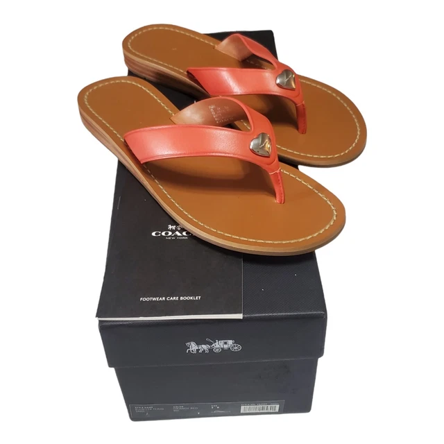 New Coach Women's Ellis Thong Sandal Orange Red Leather Size 5 B Silver Heart