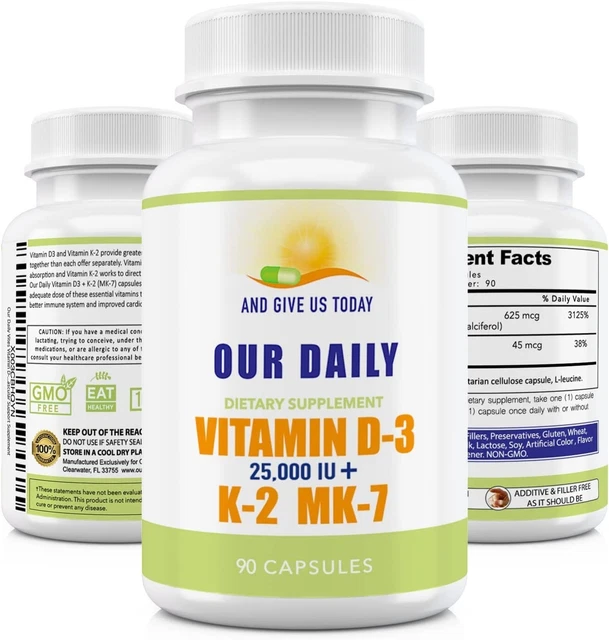 Vitamin D-3 25,000 IU + K2 - High Potency D3 with Vitamin K Bone Immune Mood