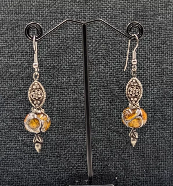 Vtg Sterling Silver Amber Encased in Glass Balls Pebble Rope Design Earrings 15g