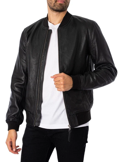 Superdry Men's Studios Leather Flight Bomber Jacket, Black