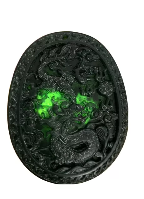 Chinese Natural Black Green Jade Hand Carved  Jade Pendant Dragon Lucky Pendant