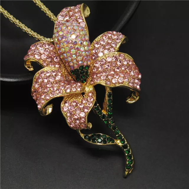 New Betsey Johnson Pink Bling Flower Rhinestone Crystal Pendant Chain Necklace