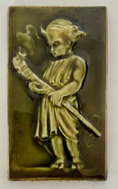 Antique J & JG Low Glazed Art Tile 1884 Child Torch Dark Green Chelsea Mass USA