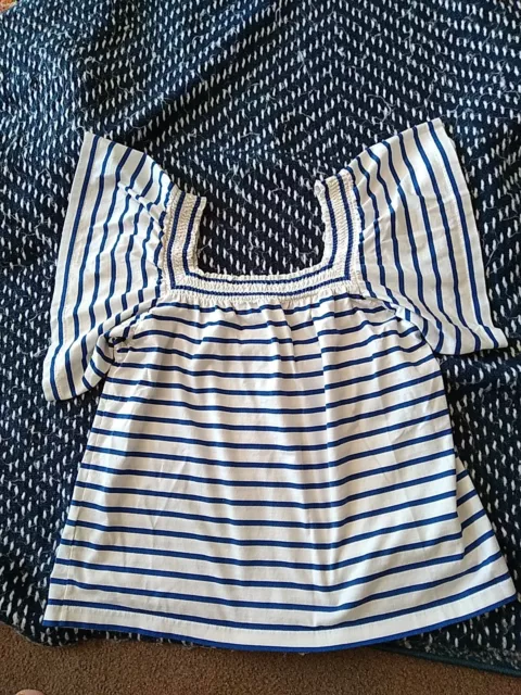 J Crew Smocked Square Neck Striped Top Medium Flutter Sleeves NWOT White W/ Blue