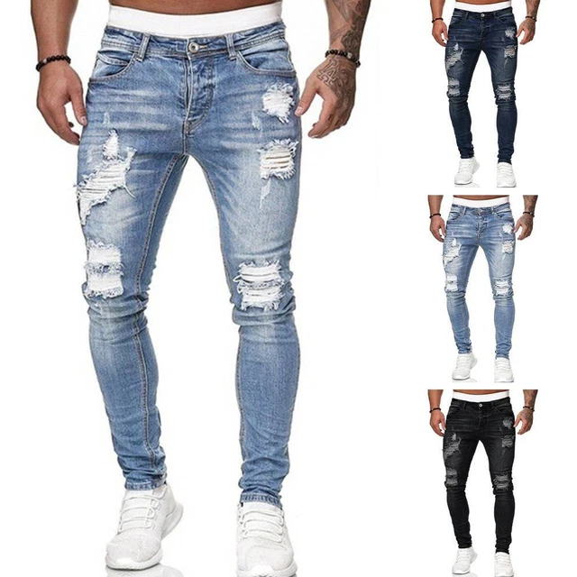 Men Skinny Stretch Jeans Slim Fit Distressed Ripped Denim Trousers Pants Bottoms