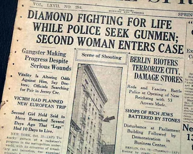 JACK 'LEGS' DIAMOND Shot 5 Times New York City NYC Irish GANGSTER 1930 Newspaper