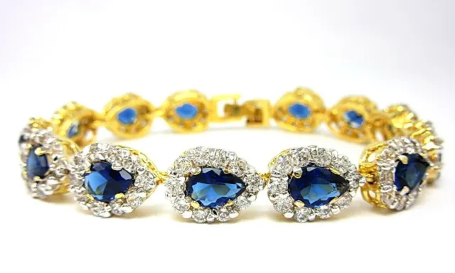 Classy Blue Sapphire CZ Bracelet 6.75" 24K Yellow Gold GP Thai Handmade GT26