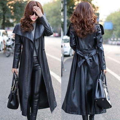 Trend Femme Authentique Peau D'Agneau Véritable Cuir Trench-Coat Noir Mode Manteau 