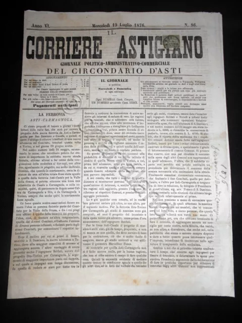 Storia Locale Asti - Giornale Il Corriere Astigiano n. 86 - 1876