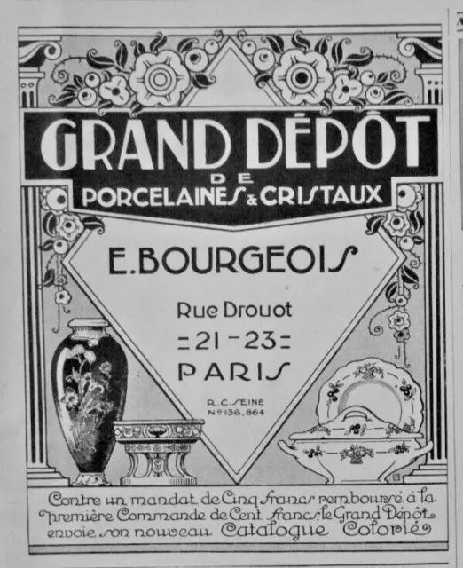 1928 PRESS ADVERTISEMENT Large Porcelain & Crystals Deposit. E.Bourgeois