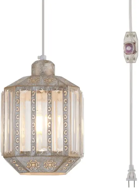 Hanging Lamps Crystal White Swag Lamp Rustic Pendant Light Plug in 16.4 FT Cord