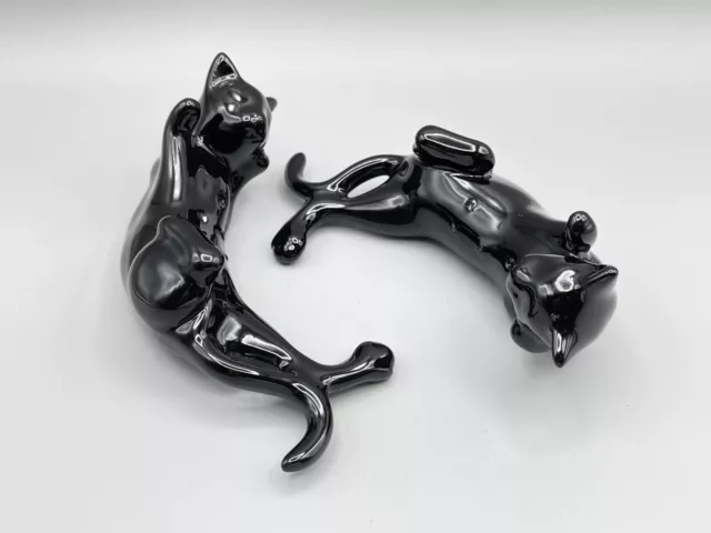 Vintage Retro Black Cats Porcelain Figurines Laying on Back 6in” CUTE!