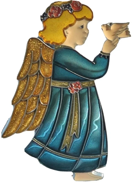 Vtg 90's resin Stained glass Sun catcher ornament Angel girl dove bird 6"