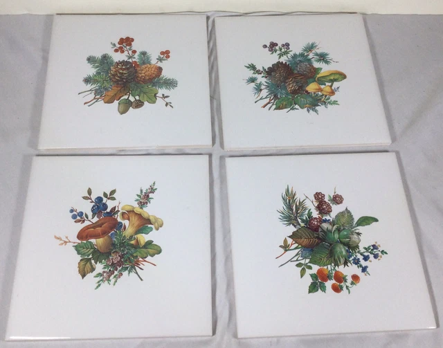 Vintage H & R Johnson Ceramic Tiles, Mushrooms, Pine Cones, Set Of 4, HTF