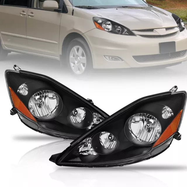 2PCS LH+RH Black Housing Headlight Front Lamp For 2006-2010 Toyota Sienna LE XLE