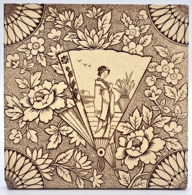 Antique Fireplace Tile Aesthetic Japanesque Transfer Printed Malkin Edge C1895
