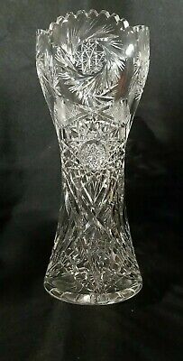 Antique ABP Cut Glass Corset 12 In Vase Stars Hobstars Pinwheel Fan Circa 1890s
