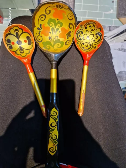 Folk Spoons Ladle Russian USSR Khokhloma Lacquer Spoon Wooden Vtg Painted